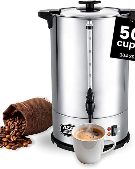 Commercial Coffee Maker 50-Cup Large Coffee Urn with Percolator Coffee Pot Electric 8L Stainless Steel Fast Brew Hot Water Dispenser for Tea Catering Events Home Office Easy Cleaning