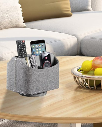 RHCSZ Leather Remote Control Holder 360 Degree Spinning, Desk Organizer for TV Remote Controllers, Caddy,Pen,Calculator,Media Player Storage box (Grey)