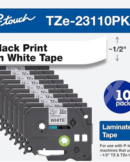 Brother Genuine P-Touch, TZe-231 10-Pack Tape (TZE23110PK) ½ inch (0.47 inch) x 26.2 ft. (8m) (Pack of 10) Laminated P-Touch Tape, Black on White