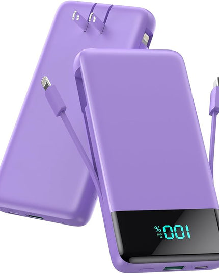 Portable Charger for iPhone with Built in Cables and Wall Plug,Upgraded 13800mAh Fast Charging USB C Power Bank,4 Outputs Travel Essential Battery Pack Compatible with iPhone 15/14/13,Samsung-Purple
