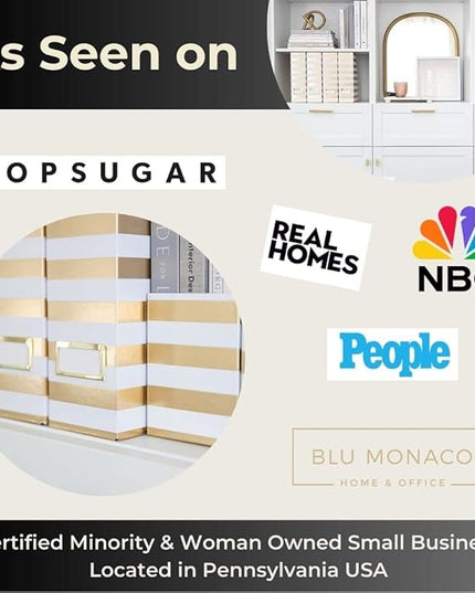 BLU MONACO Set of 4 Gold & White Striped Magazine File Boxes | Foldable Cardboard File Organizer Boxes with Gold Label Holders | Stylish Desk Organizer for Home Office and Classroom