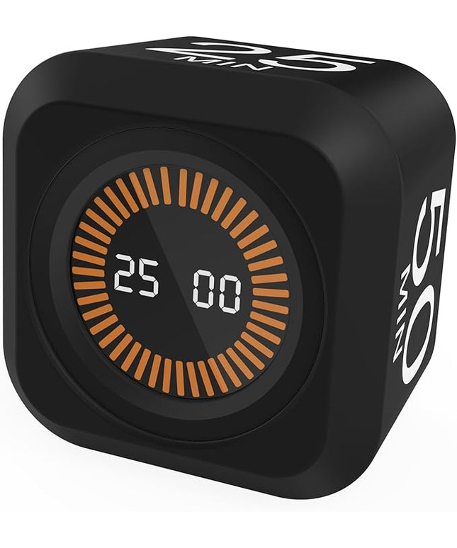 Rotating Cube Pomodoro Timer 5, 25, 10, 50 Min Preset + Custom Countdown, Desk Productivity Flip Visual Timer w/Silicone Case, Silent Mode, Ideal for ADHD Tool Study Work School (Black)