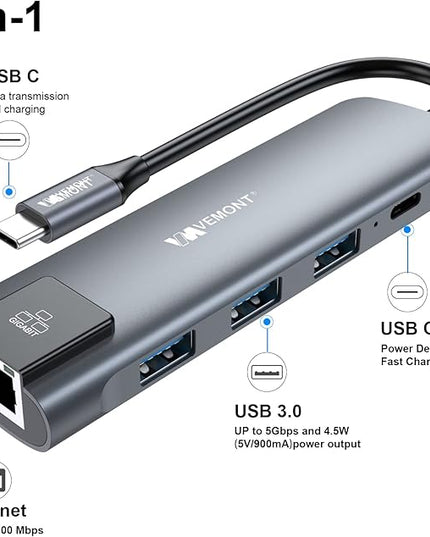 VEMONT 5 in1 USB C hub, Type-c multiport Adapter with Gigabit Ethernet, 3 USB 3.0 hub for Data, 100W Power Delivery, USB hub for Laptop MacBook or ipad, and Other USB C Devices