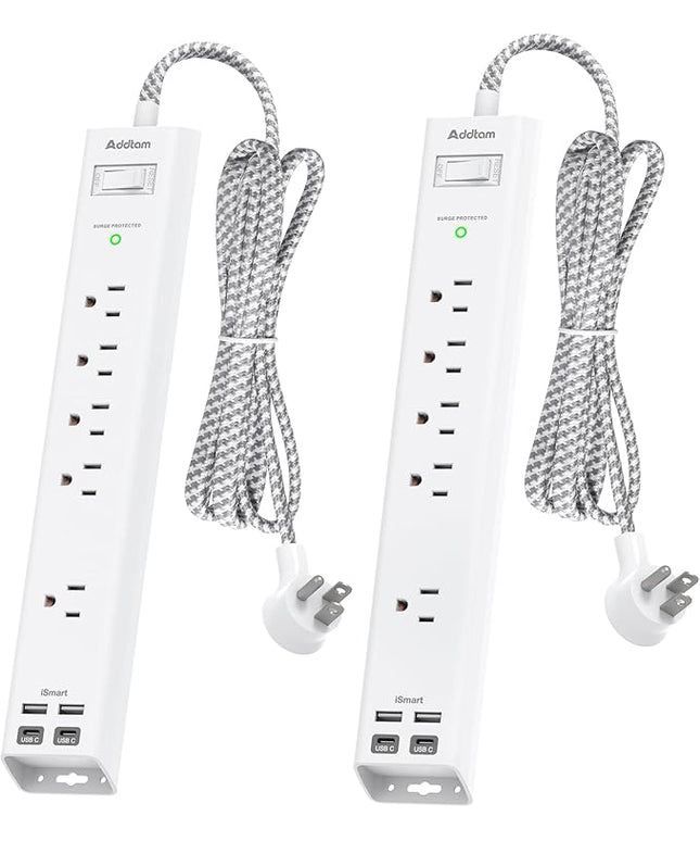 10Ft Surge Protector Power Strip - Long Extension Cord, Addtam 5 Widely Outlets 4 USB Ports, Flat Plug, Multi Plug Outlet Extender, Desk Charging Station for Home Office College Dorm Room Essentials