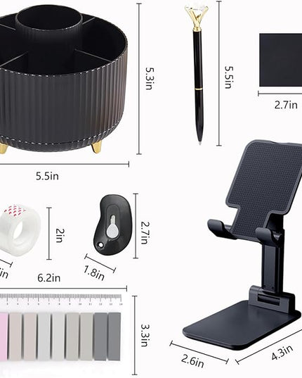 Office Supplies,Desk Accessories,with Stapler,Tape Dispenser,Staple Remover,Scissor,Ballpoint Pen,Sticky Notes,Clear Tape,Staples,Desk Organizer,Phone Stand,Binder,Index Tabs,Best Gift Set(Black)