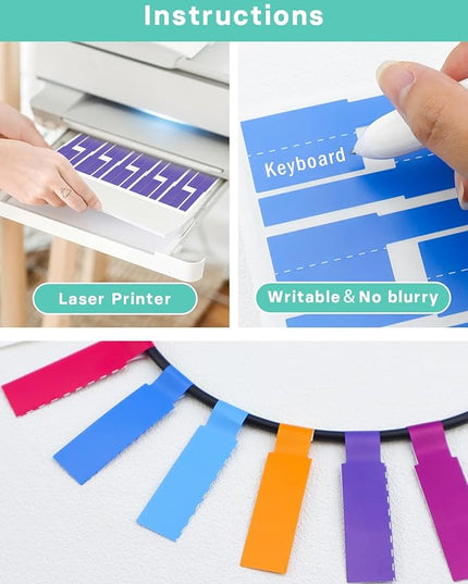 750 PCS Cable Labels, 12 Colors Waterproof Cable Tags Wire Labels for Cable Management, Self Adhesive Wire Label Printable for Laser Printer and Handwriting