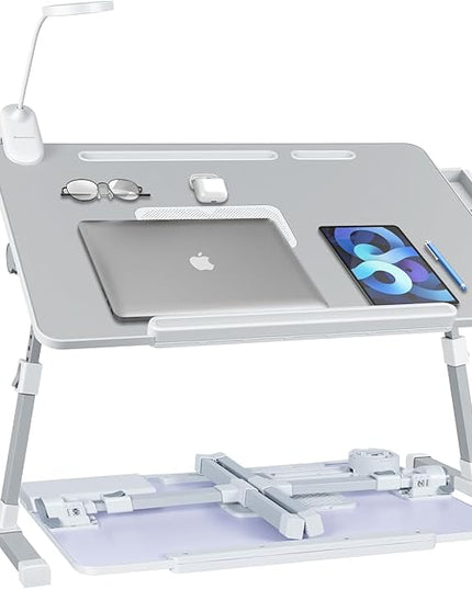 iXTRA Laptop Lap Desk with Cooling Fan - Adjustable Bed Desk with Light, Bed Table with Cup Holder&Phone Holder - Storage Drawer Desk - Folding Bed Desk,Grey,70x45cm