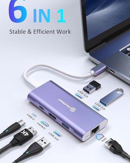 UtechSmart USB C Hub, Ethernet Multiport Adapter 6 In 1 USB C to HDMI Dock Compatible for Macbook Pro/Air, Chromebook, Dell XPS, HP and Type C Devices (Gigabit Ethernet 100W PD 4K HDMI USB 3.0) Purple