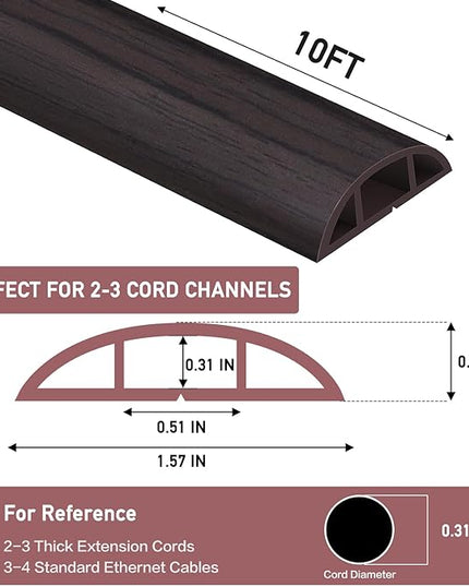 Floor Cord Cover Self Adhesive Cord Hider Floor Extension Cord Covers for Floor Power Cord Protector Cable Management Prevent Cable Trips Cable Cavity 0.51" W x 0.31" H (Dark Walnut, 10Ft)