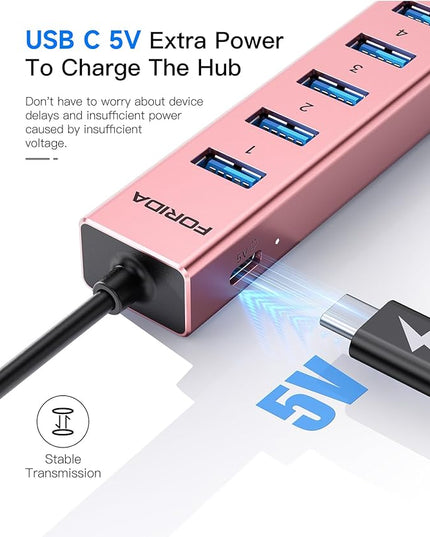 Aluminum USB 3.0 Adapter USB to Ethernet HUB with 120CM Long Cable for Laptop USB Extender with Gigabit Ethernet Port and 5V/3A Power Port 7 Ports USB Hub for iMac PC Flash Drives (Rose Gold)
