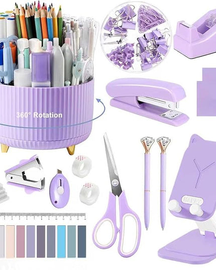 Office Supplies,Desk Accessories,with Stapler,Tape Dispenser,Staple Remover,Scissor,Ballpoint Pen,Sticky Notes,Clear Tape,Staples,Desk Organizer,Phone Stand,Binder,Index Tabs,Best Gift Set(Purple)