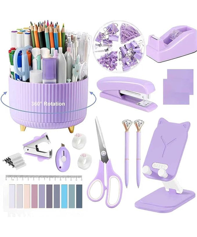 Office Supplies,Desk Accessories,with Stapler,Tape Dispenser,Staple Remover,Scissor,Ballpoint Pen,Sticky Notes,Clear Tape,Staples,Desk Organizer,Phone Stand,Binder,Index Tabs,Best Gift Set(Purple)