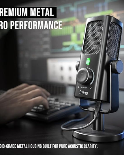 FIFINE USB-Podcast-Condenser-Microphone for Studio-Recording/Computer-Streaming, Desktop-Metal-Mic for YouTube Music Vocal Creation, with Monitor-Mix Volume-Control, Low-Cut Switch (PROFILE3)