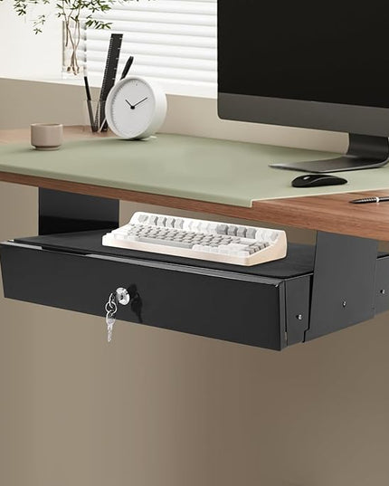 LEYSRIS 19.78" Under Desk Storage Drawer, Locking Design Black Sliding Pull-Out Drawer for Sit Stand Workstation