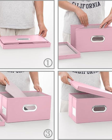 PRANDOM Collapsible Storage Box with Lid [1-Pack] Leather Fabric Foldable Storage Bin Organizer Container Basket Cube with Cover for Home Bedroom Closet Office Nursery Pink (13.6x9.6x6.9)