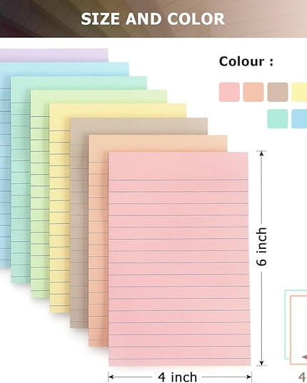 4x6 Inch Lined Sticky Notes, 8 Pack, Light Colors, Premium Self-Adhesive Notepads, Large Sticky Pads for Office, School & Home Use, Easy to Use, Reusable & Removable