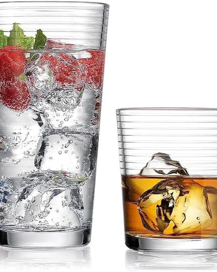 Drinking Glasses - Set of 8 Glass Cups, 4 Highball Glasses (17oz) 4 Rocks Glasses (13oz) Ribbed Glasses for Mixed Drinks, Water, Juice, beer, Wine, Excellent Gift!