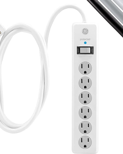 GE Surge Protector Power Strip,10 Ft Extension Cord,6 Outlet Extender,800 Joules,Flat Plug,Twist-to-Close Safety Covers,ETL Listed,White,46864, 2 Count (Pack of 10)