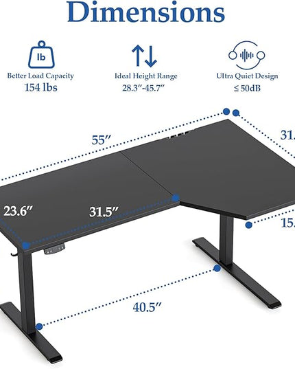 Klicelor 55 Inch L Shaped Standing Desk, Adjustable Height Corner Desk for Home Office Workstation, Sit Stand Desk with Two-Piece Desktop, Black