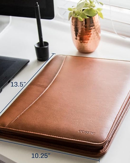 Cossini Premium Business Portfolio with Zipper – Padfolio - Superior Business Impressions Begin with PU Vegan Leather, 10.1 Inch Tablet Sleeve, Smart Storage, Solar Calculator, Writing Pad - Tan