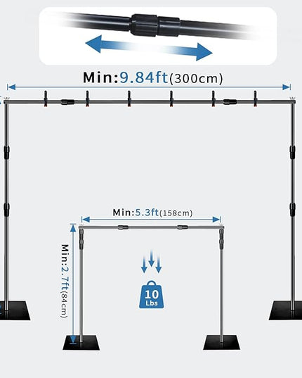 Backdrop Stand, 8x10ft Metal Base Photo Studio Support System, Adjustable Backdrop Frame for Photography, Streaming, Wedding, Projector Screen, Tool Free Setup & Portable Carry Bag