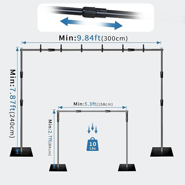 Backdrop Stand, 8x10ft Metal Base Photo Studio Support System, Adjustable Backdrop Frame for Photography, Streaming, Wedding, Projector Screen, Tool Free Setup & Portable Carry Bag