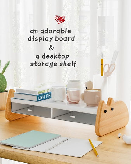 Monitor Stand Riser,Wooden & MDF Computer Desktop Stand with Acrylic Drawer,Laptop Stand Riser Holder ,Table Holder Desk Organizer Storage Stand for Laptop,Printer,TV,15.7 inch,Cute Cat