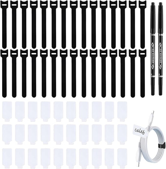 60 Pieces Reusable Cable Labels and Hook & Loop Ties Organizer Kit - 30 Tags & 30 Fasteners for Cord Management, Includes Markers for Home, Office Electronics
