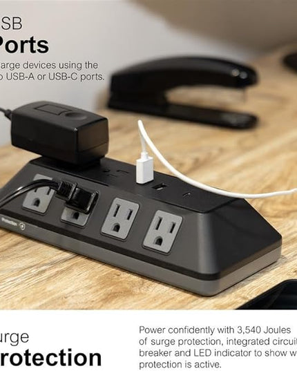 GE UltraPro 10 Grounded Outlet Surge Protector with USB Ports, 1 USB-C Port (15W), 2 USB-A Ports (12W), 4ft Braided Cord Surge Protector Power Strip, 3540 Joules, Black, 74763
