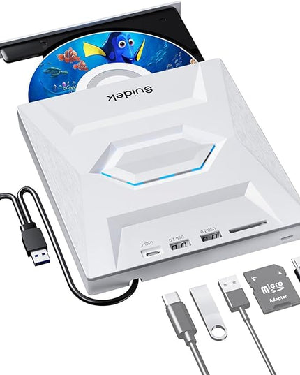 External CD DVD Drive, Ultra Slim Portable CD Player for Laptop CD DVD +/-RW Burner with SD Card Reader USB 3.0 Type C Hub Compatible with Laptop PC Windows Linux