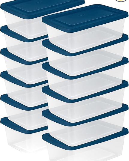 Sterilite Stackable 6 Qt Storage Box Container, Clear, Marine Blue Lid (60 Pack)