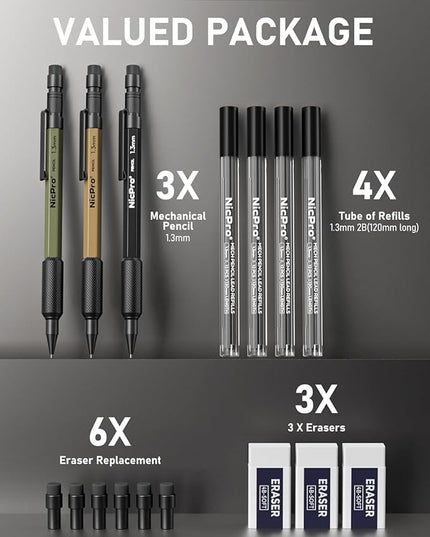 Nicpro 3 PCS 1.3 mm Mechanical Pencil Set 3 Colors with 48 Lead Refill, 3 Eraser - Weatherproof Metal MP2000 Heavy Duty Carpenter Pencil for Outdoor Marking Drafting Drawing Woodworking