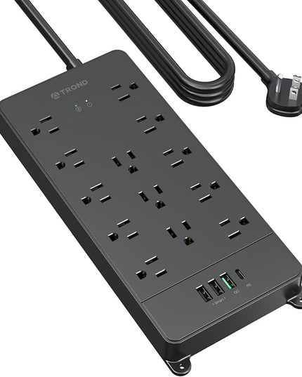 TROND Surge Protector Power Strip, 10ft Heavy Duty Extension Cord with 32W USB C & QC 3.0 Charger, 4000J, ETL Listed, 13 Wide Spaced Outlets, Flat Plug, Wall Mount for Home Office Supplies, Black