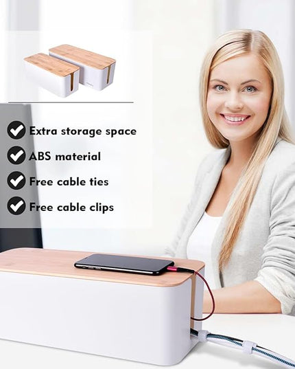 2 Pack Large Cable Management Box – Wooden Style Cord Organizer and Cover for TV Wires, Computer, Router, USB Hub and Under Desk Power Strip – Safe ABS Material and Baby-Pets Proof Lock (White)