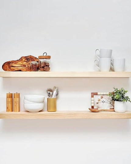 Homeforia 42 inch Natural Floating Shelf, High End Solid Real Wood 42inch Small Floating Shelves for Wall Mounted, Natural Wooden Floating Shelves, Heavy Duty Bracket, 42 X 6.5 X 1.75 in, Set of 2
