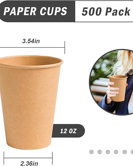 Lamosi 500 Count 12 oz Kraft Paper Cups, Disposable Hot/Cold Paper Coffee Cups, 12 Ounce Beverages Cups, Water Cups for Party Picnic Travel and Events