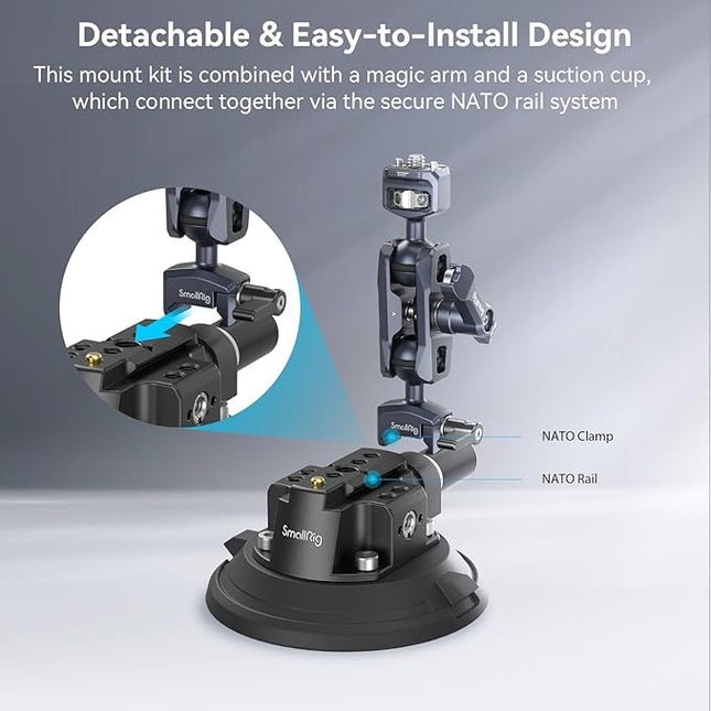 SMALLRIG 4" Camera Suction Mount with Ball Head Magic Arm, Car Mount for Lightweight Camera/Action Camera/Phone, Air Pump Vacuum Suction Cup, Max Load 3kg/6.6 Pound - 4236