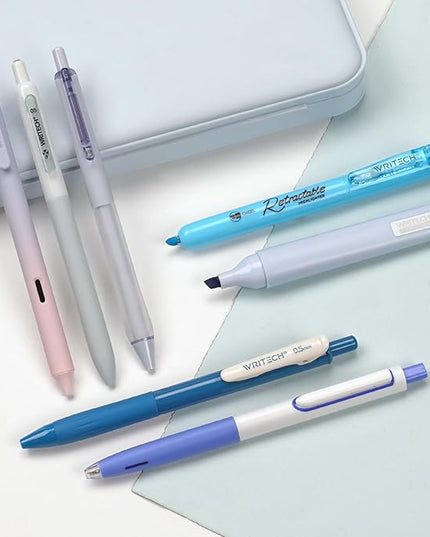WRITECH Gel Pens Journaling Highlighters: Journal Set Aesthetic Assorted Pastel Color Ink 0.5mm Fine Point Retractable 0.7mm Black Pen Smooth Writing Drawing No Bleed 7ct (Blue)