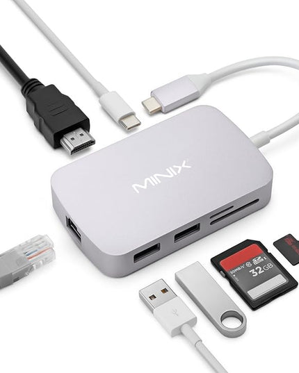 MINIX USB C Adapter, 7 in 1 USB C Hub with 4K 60Hz HDMI,Gigabit Ethernet, 2 USB 3.0, 100W PD Charging, SD/TF Card Reader, Compatible with MacBook Pro/Air, iPad Air/Pro, iMac, Laptop, PC, Grey