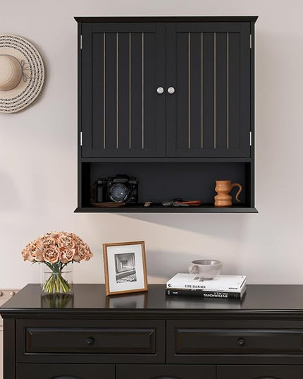 Over The Toilet Bathroom Wall Cabinet with 2 Doors & Open Shelf – Space Saving Medicine Cabinet, Wooden Wall Mounted Storage Cupboard for Bathroom Organization Black