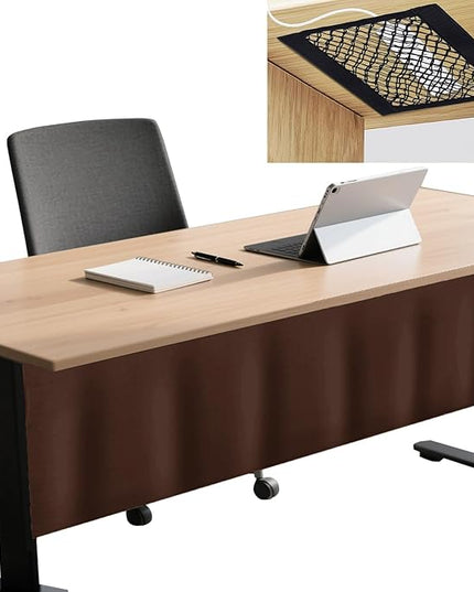 Icegrey 24" Under Desk Privacy Panel with Cable Management Organizer Net Self-Adhesive Modesty Panel for Cord Organizer Pockets and Desk Skirt for Home Office or Standing Workstation, Dark Brown