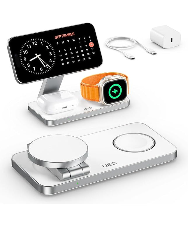 Foldable 3 in 1 Wireless Charging Station for Apple Compatible with Magsafe Charger Stand,Magnetic Wireless Charger Station for iPhone 17 Air 16 15 14 13 12 Series,Airpods Pro,Apple Watch (White)