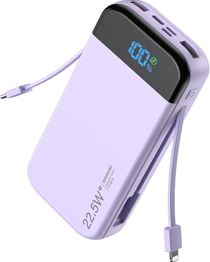 Portable Charger Power Bank Built-in Cables, 32000mAh 22.5W USB C Fast Charging, 5 Outputs 3 Inputs Travel Essentials Battery Pack Compatible with iPhone, iPad, Samsung, Google Pixel, Purple