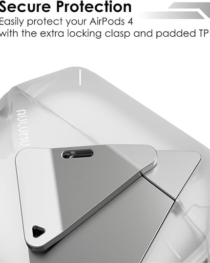 Aulumu A29 Geometric AirPods 4 Case with Lock | Protective Cover with Nylon Buckle | Alloy Armour | Compatible with Apple AirPods 4th (2024) - Translucent White