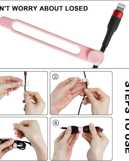 Nearockle 16Pcs Silicone Cable Straps Wire Organizer for Bundling Earphone, Phone Charger, Computer Cords, Reusable Cable Ties Cord Organizer in Home,Office,Kitchen,School(Pink)