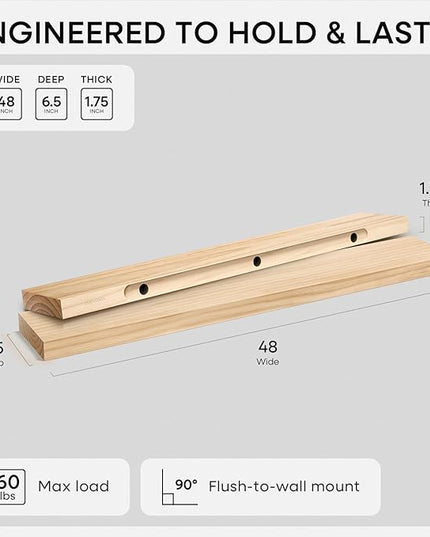 Homeforia 48 inch Natural Floating Shelf, High End Solid Real Wood 48inch Small Floating Shelves for Wall Mounted, Natural Wooden Floating Shelves, Heavy Duty Bracket, 48 X 6.5 X 1.75 in, Set of 2