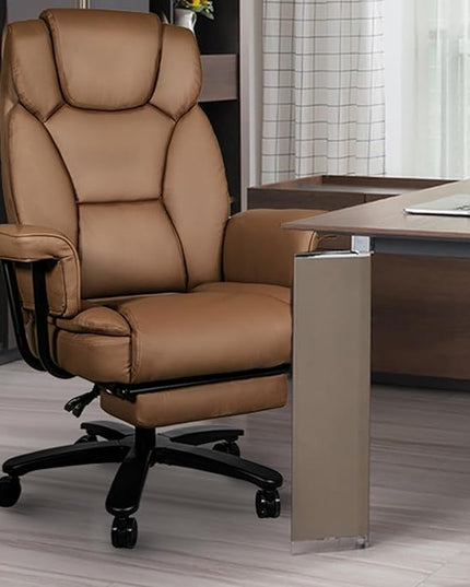 Reclining Office Chair with Footrest, Big and Tall Home Office Desk Chairs 400lbs with High Back, Criss Cross Wide Seat, Heavy Duty Base, Pu Leather, Brown