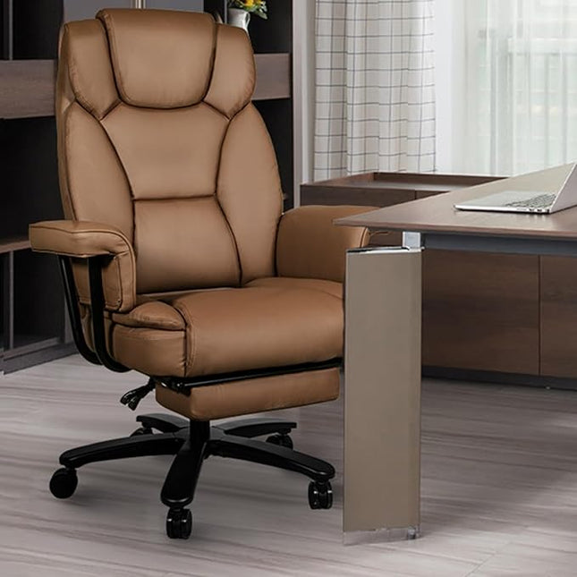 Reclining Office Chair with Footrest, Big and Tall Home Office Desk Chairs 400lbs with High Back, Criss Cross Wide Seat, Heavy Duty Base, Pu Leather, Brown