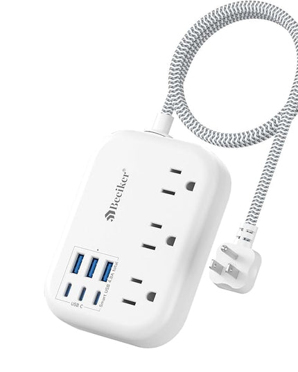 Short Extension Cord 2 Foot- 6 USB(3 USB C) Travel Power Strip with 24W USB Charging Station and 3 Outlets, 2ft Small Flat Plug Extension Cord Surge Protector for Travel Home College Dorm 13A