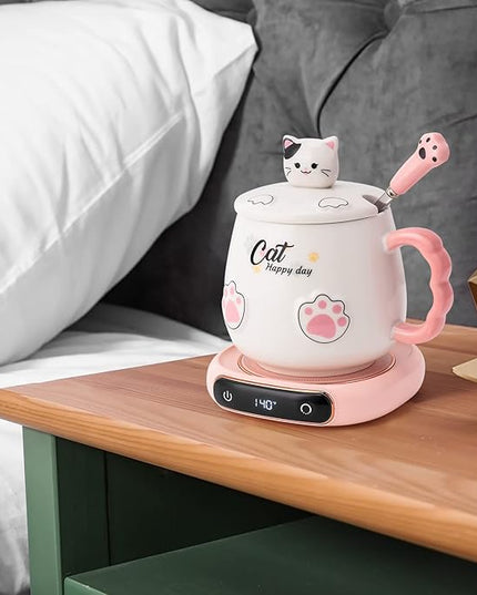 Bgbg Coffee Mug Warmer & Cute Cat Mug Set, Beverage Cup Warmer for Desk Home Office with Three Temperature Up to 140℉/ 60℃, Coffee Warmer for Cocoa Milk Tea Water Candle, 8 Hours Auto Shut Off